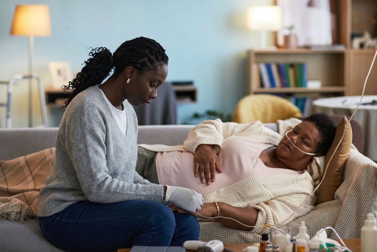 African American nurse providing in home skilled nursing care.