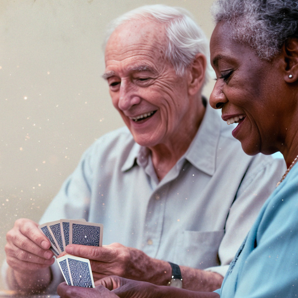 Elderly man playing cards with Afro American companion.