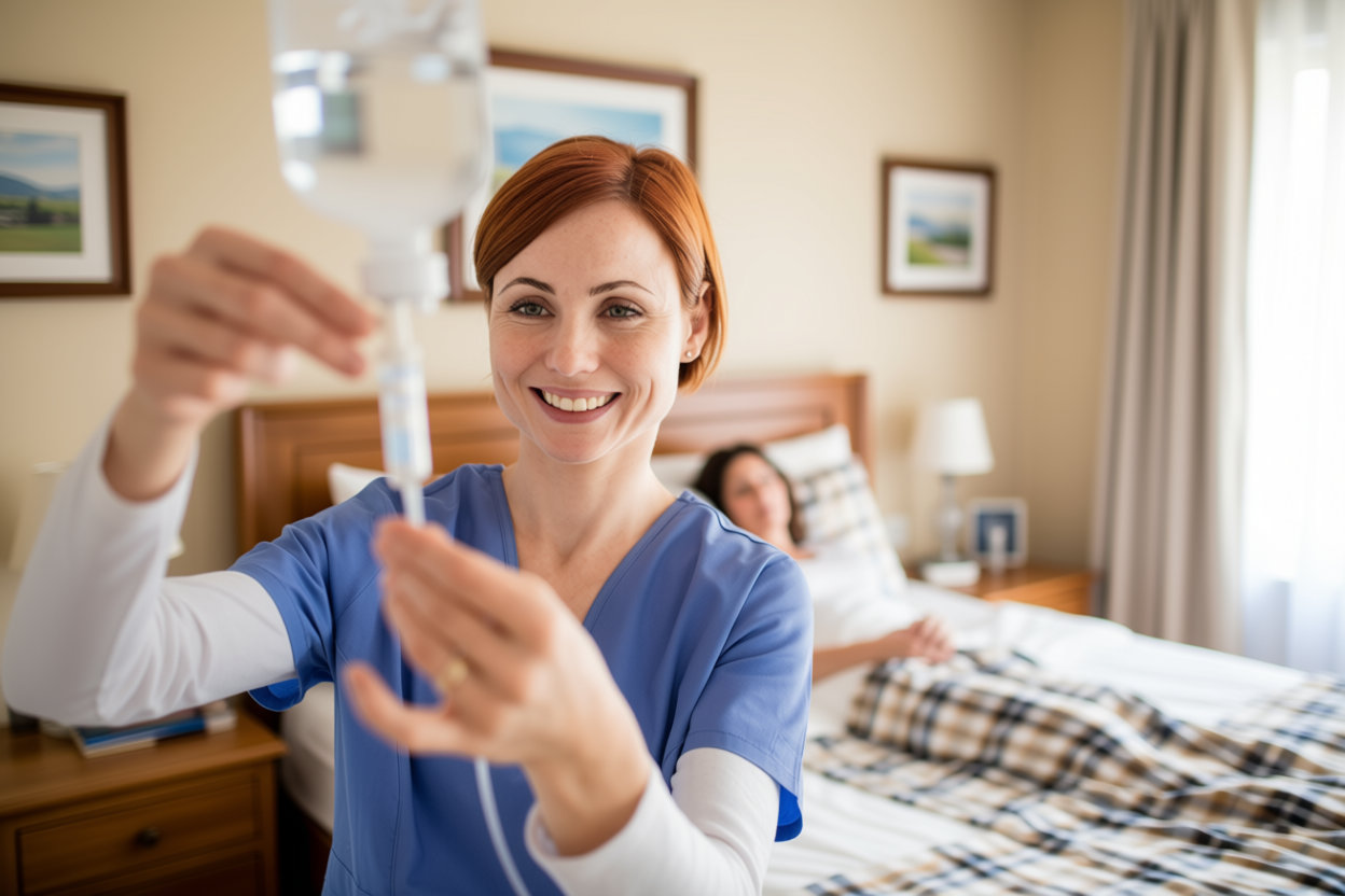 Female nurse giving an IV transfusion to a patient in her home.