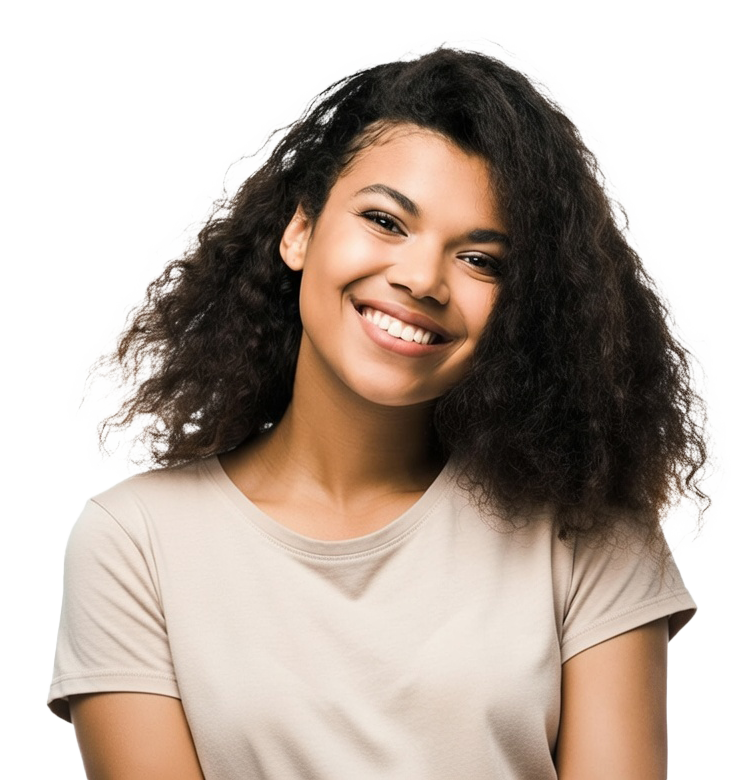 Smiling black woman in beige t-shirt