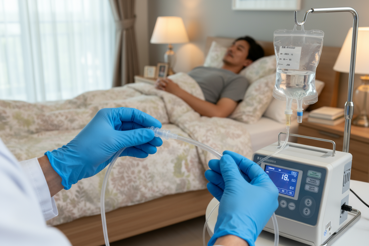 Oriental man receiving home infusion therapy in his bedroom.