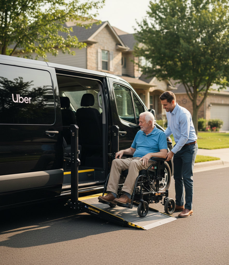 Wheelchair accessible Uber with senior man in a wheelchair being assisted in getting into the vehicle.