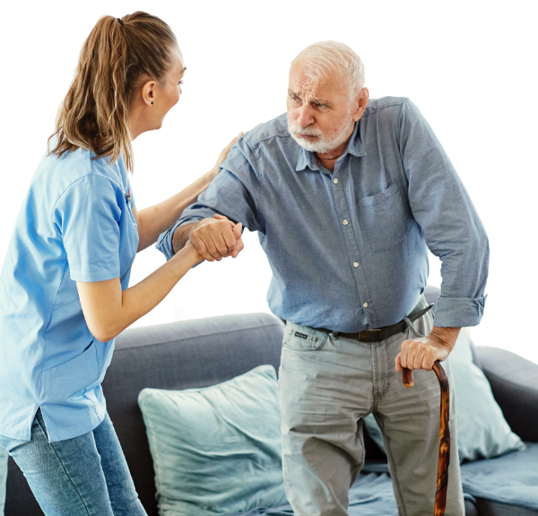 Caregiver with senior man iith a walking cane stick at home