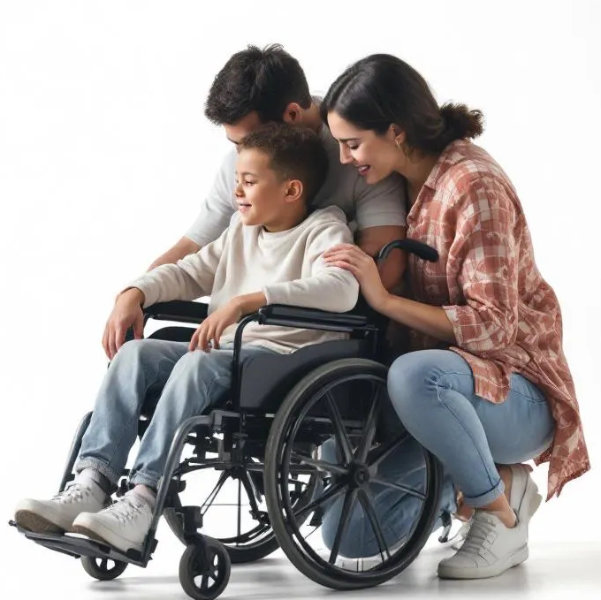 Child in a wheelchair with supportive parents