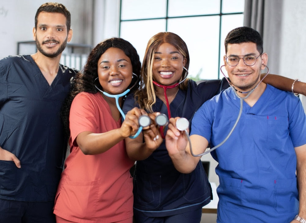 Mixed race African and Indian Asian healthcare workers showing their stethoscopes to camera and smiling