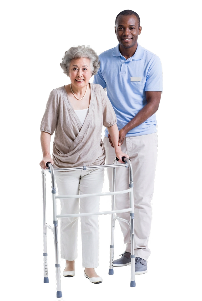 Caregiver assisting a senior with a walker