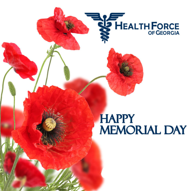 Bright red poppy flowers on white background with Health Force of GA logo and the words Happy Memorial Day