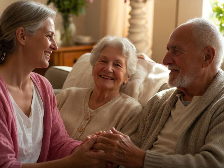 Seniors at home with health care assistant