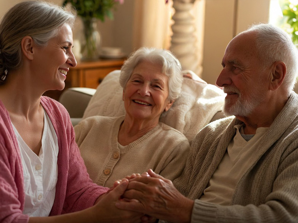 Seniors at home with health care assistant