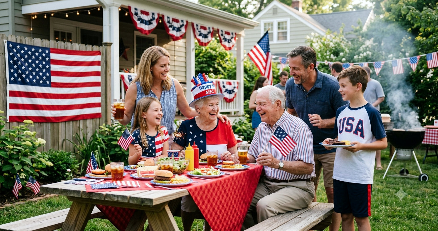 A family celebrating Independence Day with the senior members of the family able to live in their own home.